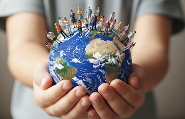 World Population Day image showing hands holding the world and small diverse humans, promoting equal care for all people across the globe