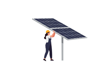 Female worker installs solar panel, showcasing sustainable energy. Clean, modern illustration with a professional setting. Ideal for environmental or renewable energy concepts.