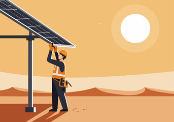 A worker installs solar panels under a bright sun. A clear, professional image showcasing renewable energy. Ideal for business and sustainability themes.