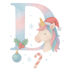 A whimsical watercolor Christmas alphabet set from A to Q, each letter uniquely painted in soft pastel gradients of blue, pink, and lavender. Every capital letter features a cute unicorn.