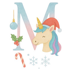 A whimsical watercolor Christmas alphabet set from A to Q, each letter uniquely painted in soft pastel gradients of blue, pink, and lavender. Every capital letter features a cute unicorn.
