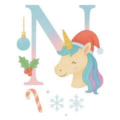 A whimsical watercolor Christmas alphabet set from A to Q, each letter uniquely painted in soft pastel gradients of blue, pink, and lavender. Every capital letter features a cute unicorn.