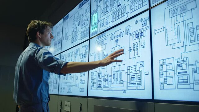 A technician interacting with a large wallmounted digital interface that presents schematics of onboard machinery. The screen features live updates of machinery health maintenance schedules