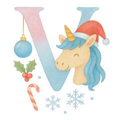 A whimsical watercolor Christmas alphabet set from A to Q, each letter uniquely painted in soft pastel gradients of blue, pink, and lavender. Every capital letter features a cute unicorn.