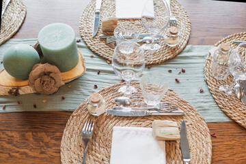 Wedding table decoration. Wedding rustic style. with candles