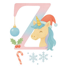 A whimsical watercolor Christmas alphabet set from A to Q, each letter uniquely painted in soft pastel gradients of blue, pink, and lavender. Every capital letter features a cute unicorn.