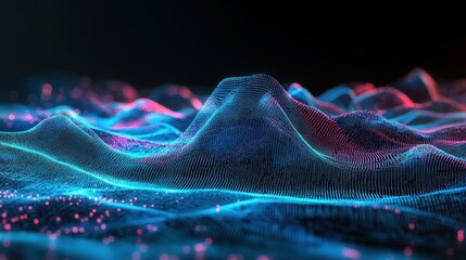 Abstract landscape with glowing neon waves pixelated mountains and a wireframe grid Merges retro and futuristic elements ideal for banners posters and digital art applications