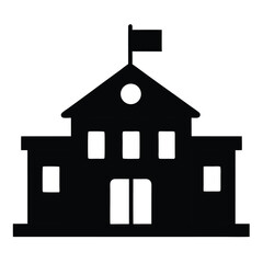 Black silhouette of a traditional school building with flag, suitable for education, institution, or academic-themed vector illustrations
