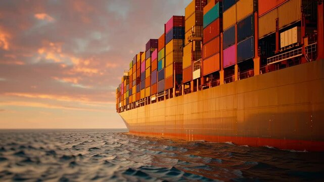 A closeup shot of the ships bow cutting through gentle waves with the ports colorful cargo containers creating a vibrant backdrop symbolizing the journey of goods yet to come.