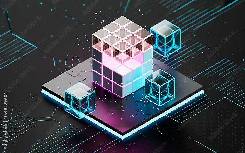 Poster abstract technology background featuring an isometric 3d city design with interconnected computer ne