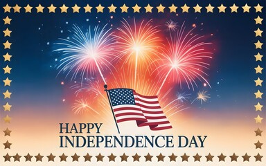 Happy 4th of July Typography Fireworks with stars border & Flag Banner