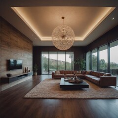 Salotto moderno con lampadario a sospensione e stile raffinato.