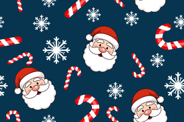 Santa Claus with Candy cane and  snowflakes seamless pattern on blue background	