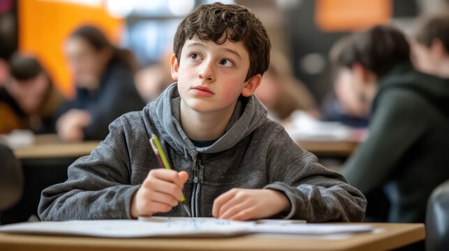 Thoughtful student with freckles in classroom, holding pen and looking up - Powered by Adobe