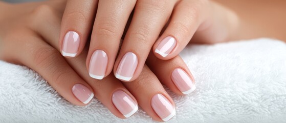 The elegant French manicure on beautifully manicured hands resting on a towel.