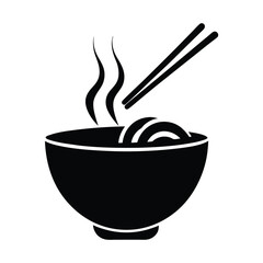Hot noodle bowl with chopsticks vector icon in black for Asian cuisine branding, restaurant design, food illustration and takeaway packaging visuals