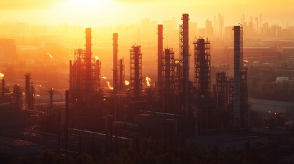 Fototapeta premium Vibrant orange and red sunsets or sunrises silhouette the urban landscape, where industrial factories and construction buildings punctuate the city skyline with hints of pollution