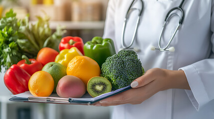 Healthcare Professional Holding a Clipboard with Fresh Fruits and Vegetables