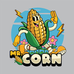 funny corn vegetable 70s retro comic cartoon character illustration