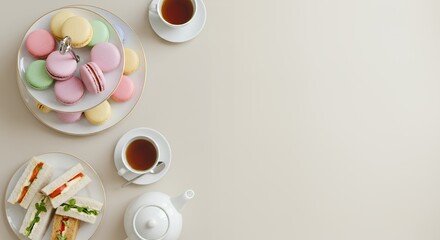 Pastel-hued macarons and delicate tea sandwiches grace a sophisticated afternoon tea setting, promising a delightful and refined experience.