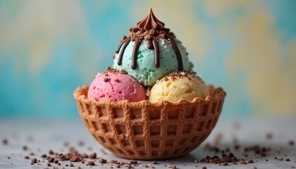 Colorful gelato in textured waffle cup, topped with artistic chocolate decor, pastel background, modern dessert styling