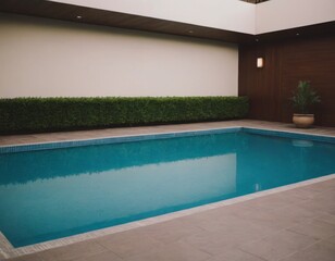 Piscina all'aperto moderna con bordo in legno e siepe decorativa.