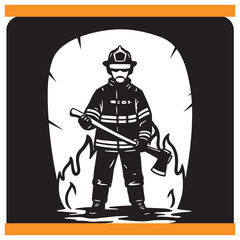 Courageous firefighter standing ready with axe in flames fighting fire safety and rescue concept