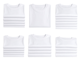 Six neatly folded white crew neck t-shirts arranged in two rows of three against a black surface.