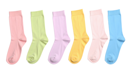 Six pastel-colored socks arranged side by side in pink, light green, lavender, yellow, cream, and light blue hues.