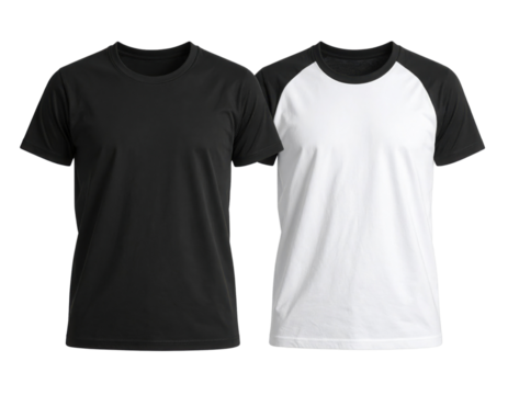 Two short-sleeve t-shirts displayed side by side, one solid black and the other white with black raglan sleeves.