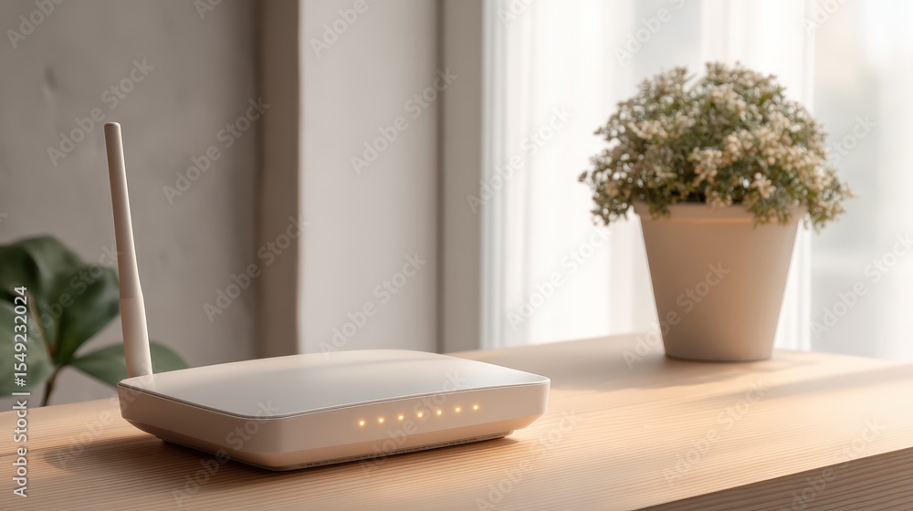 Poster wireless internet modem with glowing led indicators on a clean minimal desk, designed for fast conne
