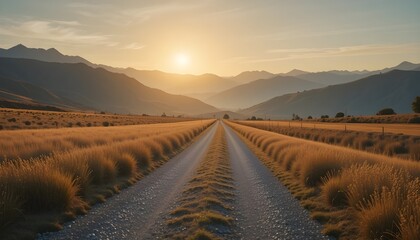 Country path made of gravel, surrounded by golden grass, fading sunlight behind distant mountain range, dreamy and tranquil atmosphere