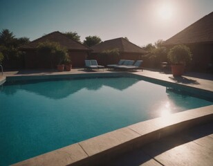 Piscina moderna al tramonto con linee eleganti e pulite.
