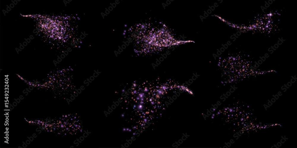 Poster Purple shining particles in the form of scattered streams and flashes of glowing dust. Bright light clouds of bright shine of glowing dust. Vector