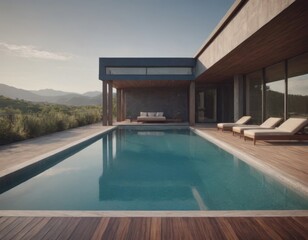 Piscina moderna con vista su colline, copertura elegante.