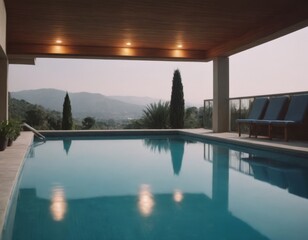 Piscina esterna coperta con struttura in legno e luce calda.