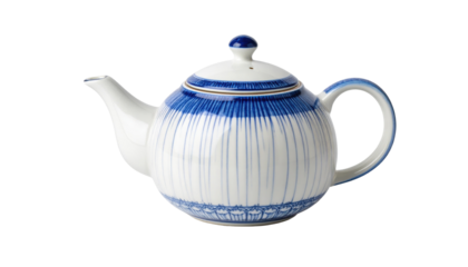 A white ceramic teapot with blue vertical stripes and decorative patterns, featuring a rounded body, a curved spout, and a large handle.