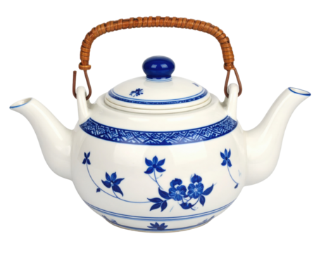 A white ceramic teapot with blue floral patterns and a woven handle, featuring a round lid and dual spouts.