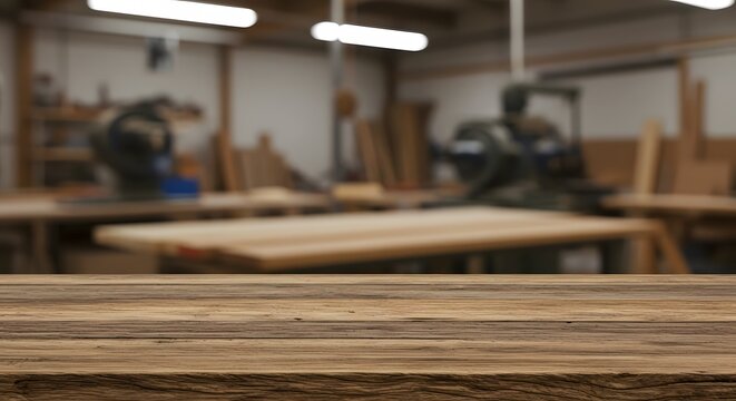 Rustic Wooden Tabletop in a Blurred Woodworking Shop Background - Powered by Adobe