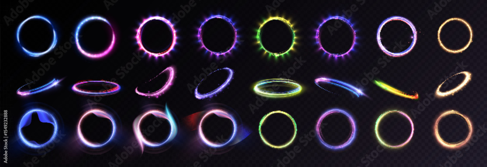 Poster Set of glowing ring elements with various glow effects. Vector light effect for interfaces, game design, and illustrations. HUD.