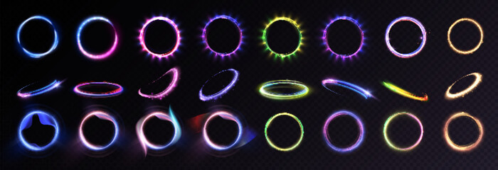 Set of glowing ring elements with various glow effects. Vector light effect for interfaces, game design, and illustrations. HUD.