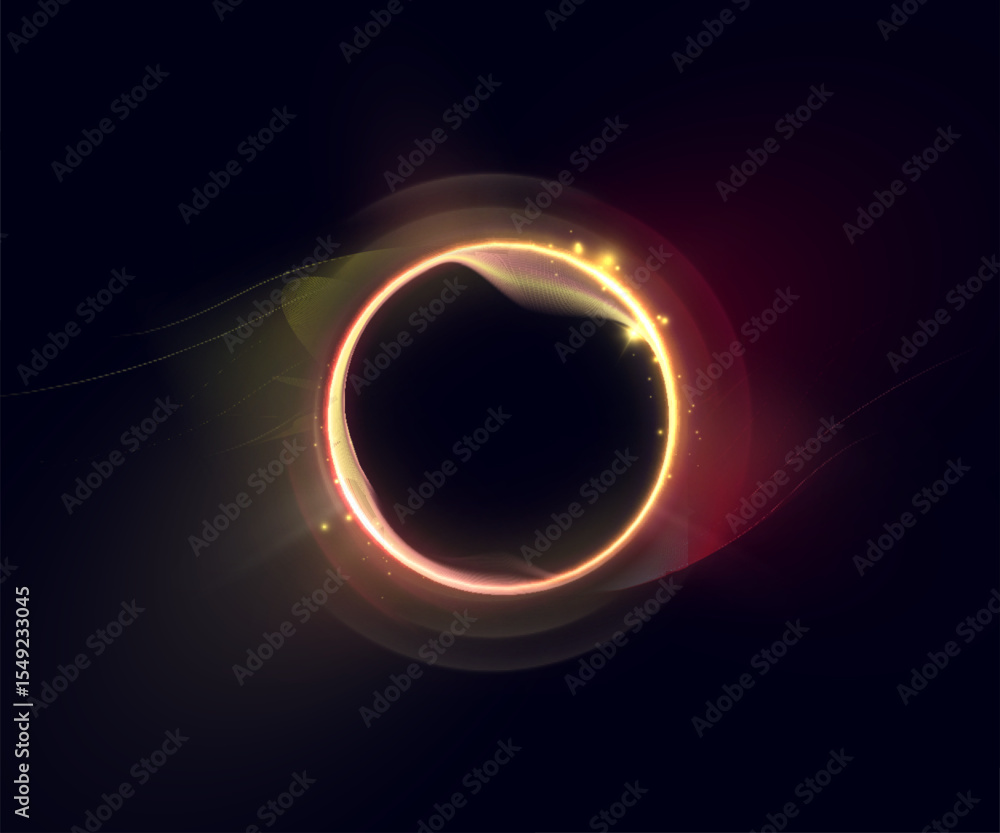 Poster Circle of bright yellow-red glow with golden flashes and smooth wavy transitions on a dark background. Suitable for interfaces, science fiction visualization effects. Vector