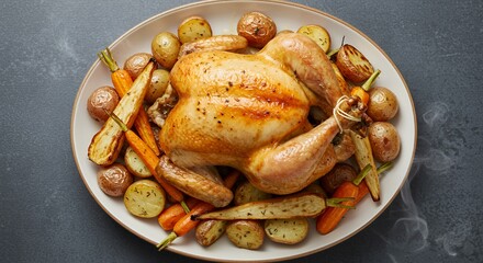 Golden-brown roasted chicken, glistening with savory juices, is the centerpiece of this rustic Thanksgiving feast, surrounded by perfectly roasted root vegetables and potatoes.