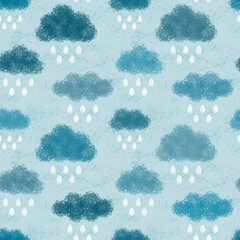 Watercolor cloud and rain on blue sky. Cute raining clouds seamless pattern vector. Rainy day. Simple design for fabric, textile, kid cloth, baby dress, bedsheet, pajama, clothing, print, paper, card.