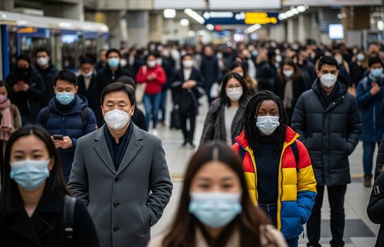 Diverse population wearing masks in daily life, highlighting shared responsibility for health and safety on World Population Day