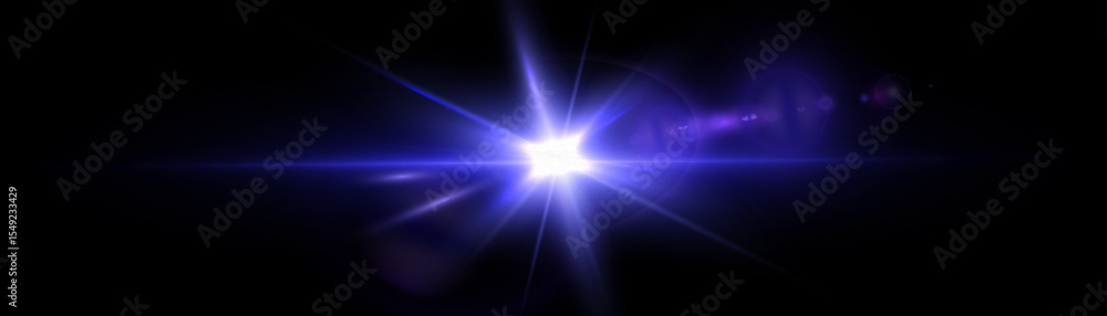 Poster Bright blue light explosion with rays and halo. Glowing blue beam in the form of a flash with lens effect and glare on a black background.