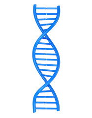A blue 3D model of a DNA double helix structure with detailed base pairs.