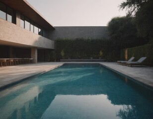 Piscina residenziale con alberi e casa in stile moderno.