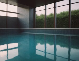 Piscina interna moderna con vetrate su tre lati.