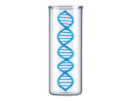 A 3D blue DNA double helix model inside a transparent cylindrical glass container.
